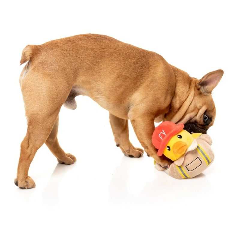 This Firequacker Dog Toy is off to the rescue saving dogs from the danger of boredom. This firefighting duck is no stranger to danger. Soft plush material and a built-in squeaker.