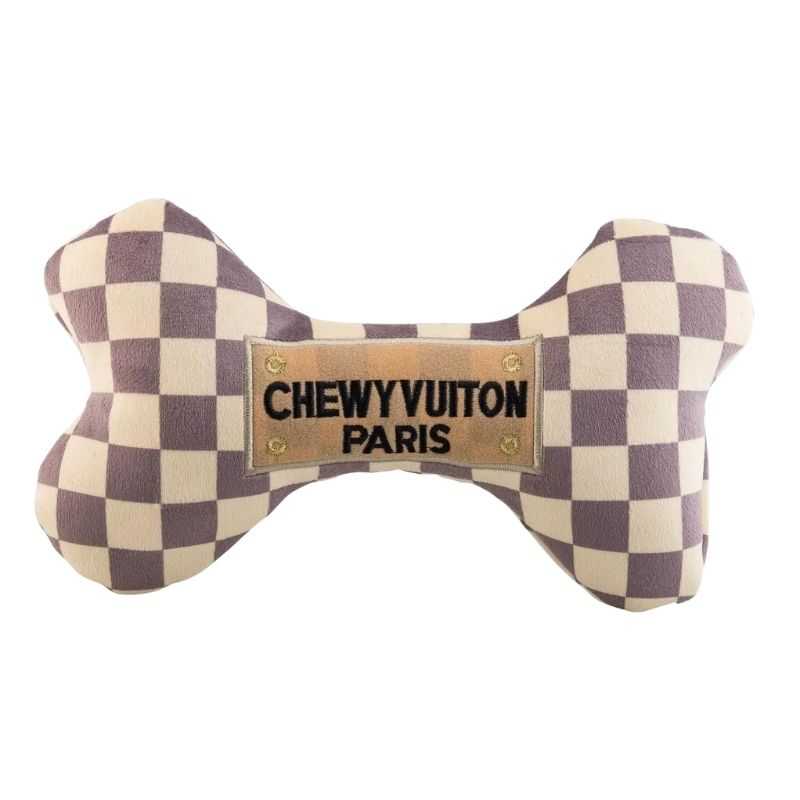 Your dog will love playing with this Checker Chewy Vuiton Bone Toy.  Made with a soft plush material with a squeaker inside. This would be an ideal birthday gift or if want to spoil your favourite pooch.
