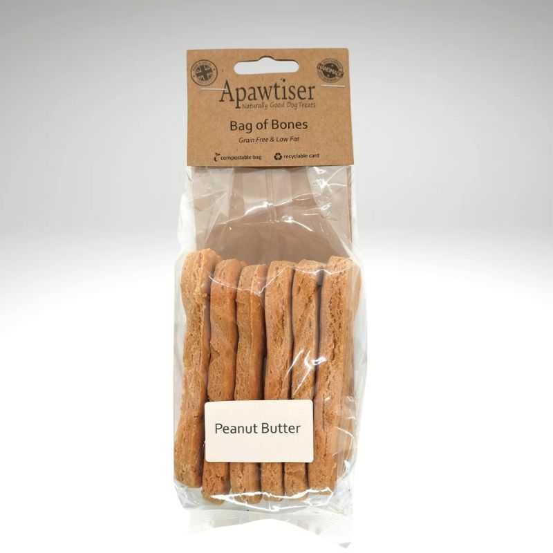 Your dog will love our Apawtiser Peanut Butter flavoured Bag of Bones Dog Biscuits. These bones are suitable for all dogs, including those with sensitive stomachs. Grain-free.