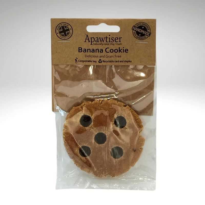 These handmade Apawtiser Banana Cookie dog treats are so tasty your dog will woof with delight. Baked with banana and organic black treacle - Grain-free with no hidden nasties.