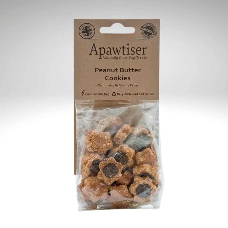 Dogs adore the flavour of peanut butter so treat them to our Apawtiser Peanut Butter Cookies. These handmade dog treats are baked with peanut butter, and topped with a carob drop. 