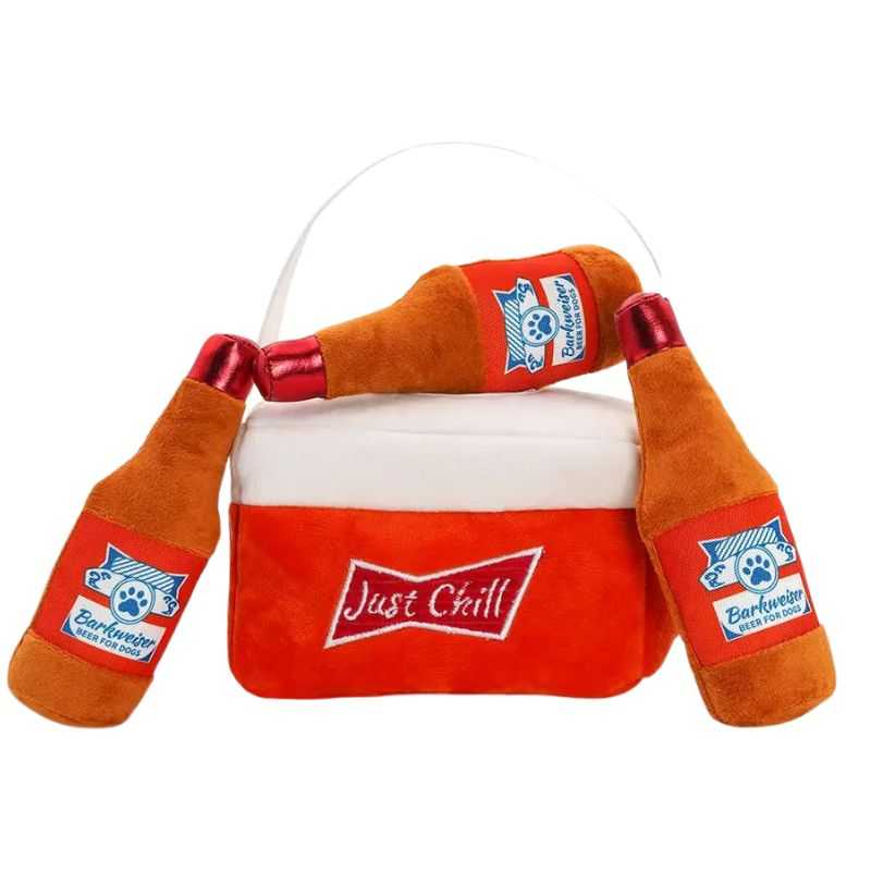 The beer Cooler Burrow Dog Toy includes three squeaky barkweiser beer bottles for your boozy hound to play with.  Keep your pooch busy and let them have a fun time trying to figure out how to remove the beer bottle toys. Cheers!
