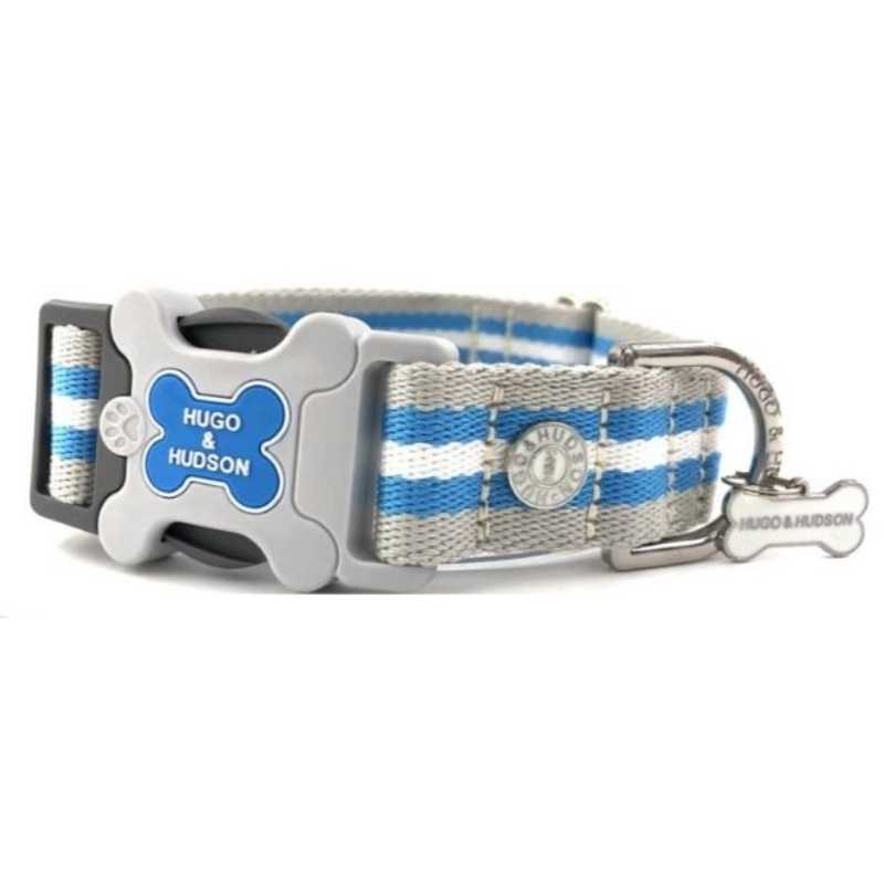 Your dog will look stylish in our Hugo and Hudson Blue Stripe Dog Collar.  Rest easy knowing it's fully machine washable and stress tested for added security.