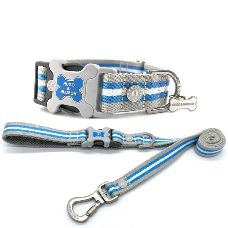 Your dog will look stylish in this classic stripe Blue Dog Collar and lead set from Hugo and Hudson. Made from high-quality material with a brushed stainless steel finish.