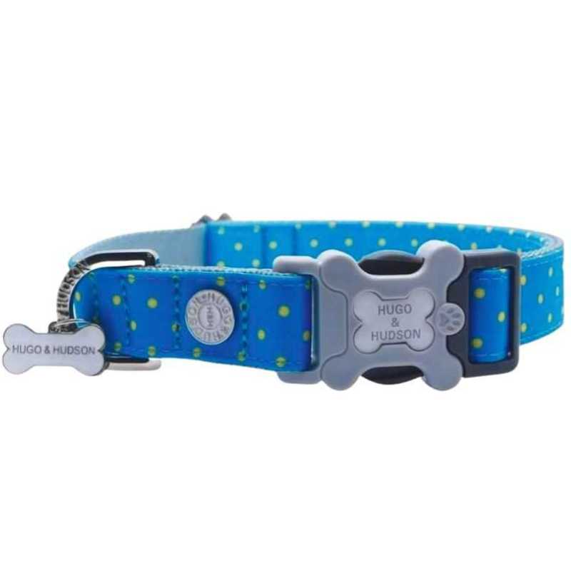 Your dog will shine with this Blue Polka Dot Dog collar from Hugo and Hudson. Your stylish pooch will be the envy of the dog park. Made with high-quality premium material.