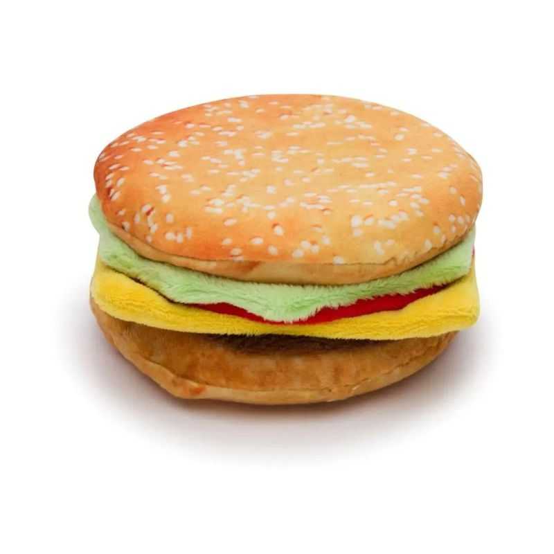 Treat your fast food foodie with our Cheeseburger Dog Toy.  The most fun your pup will have without a trip to the drive-thru! Your dog will sit and stay for our cheeseburger dog toy.  Special photo sublimation printing means we didn't miss a detail right down to the sesame seed bun.