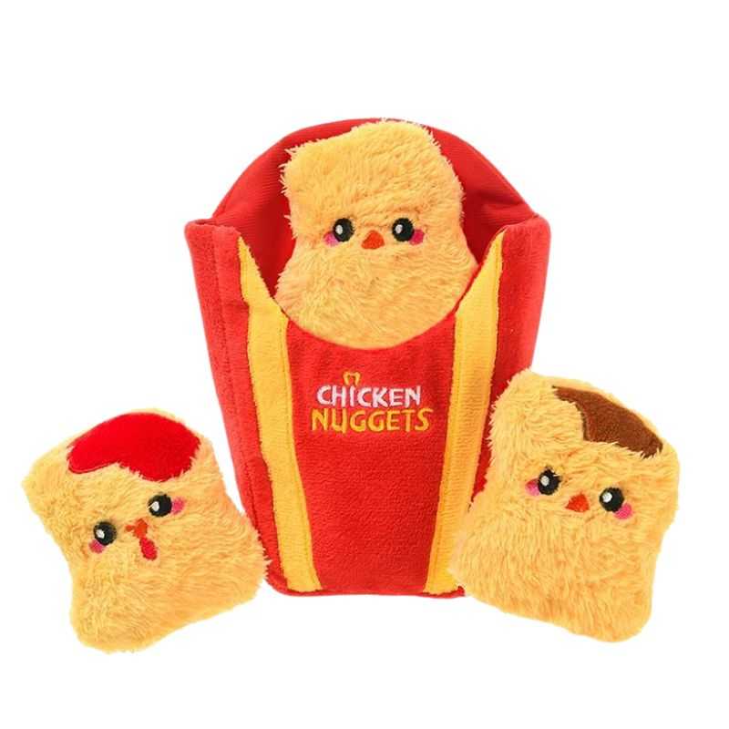 Get your dog’s tail wagging with our Chicken Nugget Dog Toy. Watch them get excited when they discover squeaky nuggets inside a crinkle-filled bag. Add a treat inside for extra fun