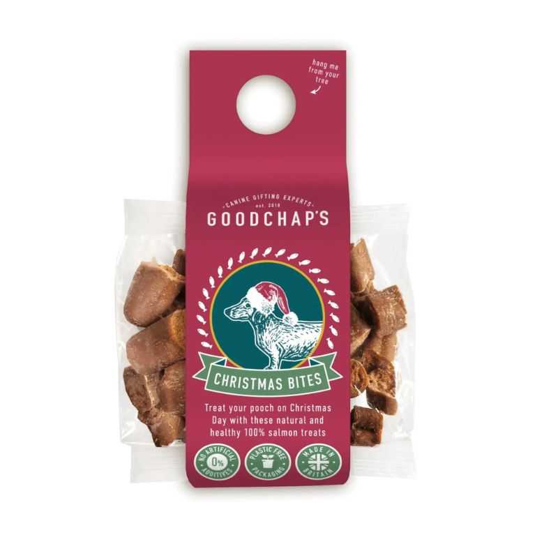 Treat your dog on Christmas day with these Goodchaps Christmas Bites which are 100% salmon and full of goodness. Natural dog treats with no additives, wheat and gluten-free.