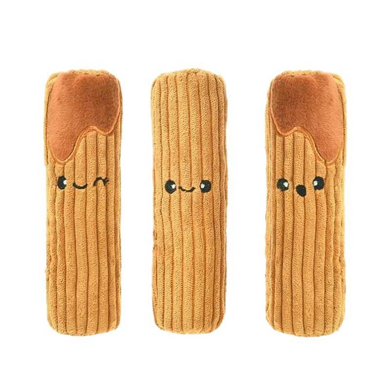 Serve up some fast food playtime with our Churros Dog Toy. Three crinkly Churros stuffed into a crinkled effect bag. These sound effects create more excitement for your dog. You can also hide some treats inside the bag for extra fun.