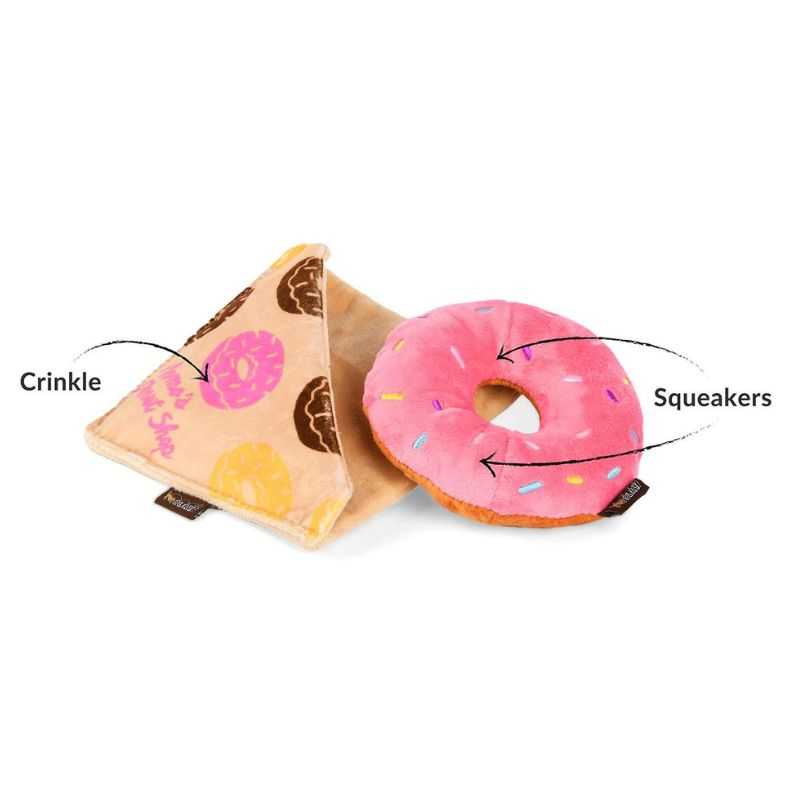 Satisfy your pup's sweet tooth with the Doughboy Donut Dog Toy. Features two internal squeakers for double the fun. Detachable crinkle sleeve for an extra layer of texture. 