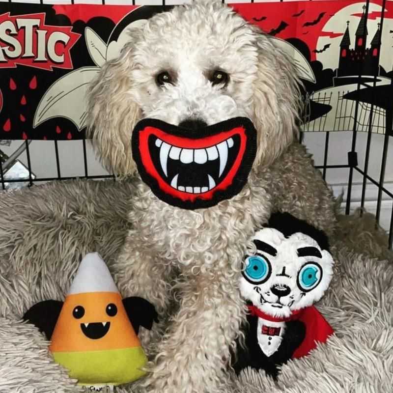 Our Halloween Count Dogcula Dog toy is eager to play a game with your pup. Your dog will love this Halloween fiend, dressed in a black suit, red cape, and black fluffy hair.