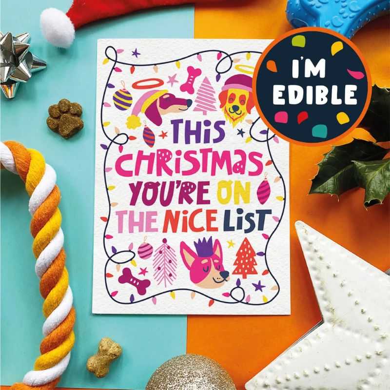 Make your dog feel extra special this Christmas with an edible dog Greeting Card. This Christmas nice list card means that Santa Paws himself knows how good your pet has been.