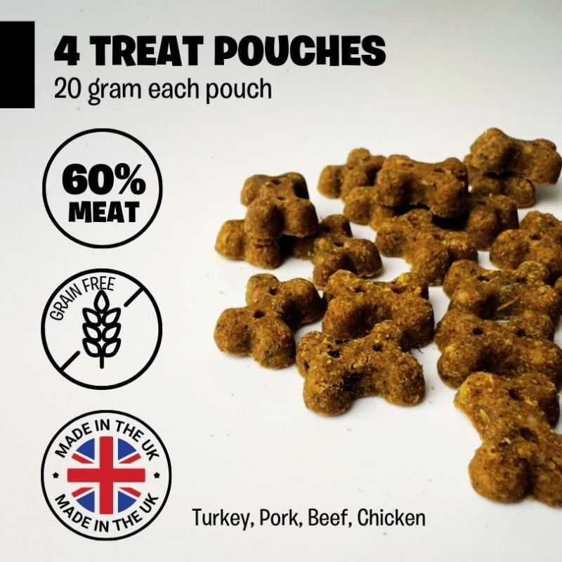 Make this Christmas unforgettable for your furry friend with our Wuf Wuf Festive Dog Treats - 4 x 20g pouches filled with premium meaty delights. Grain Free 