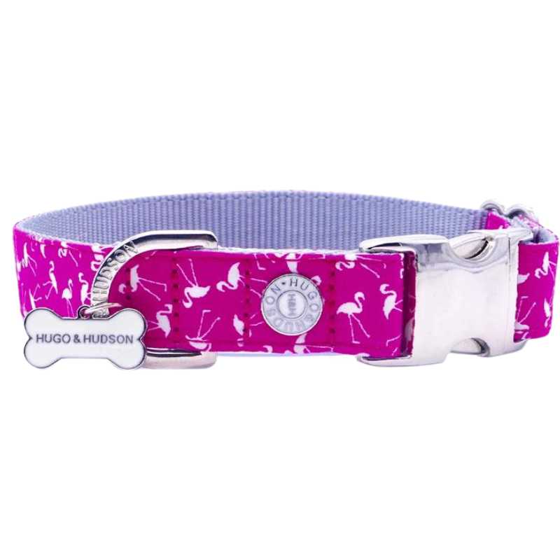 Our Pink Flamingo Dog Collar has a high tensile strength nylon webbing. They have special rivets and D Rings to provide extra security while you are out and about with your dog.