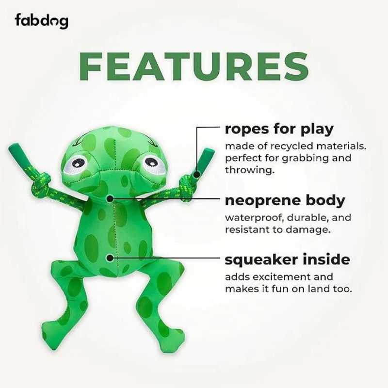 Your pup will have fun in the water with our frog Floatie Dog Toy. This squeaky toy is so versatile it can spend time on dry land too. Playtime fun for your dog indoors or outdoors