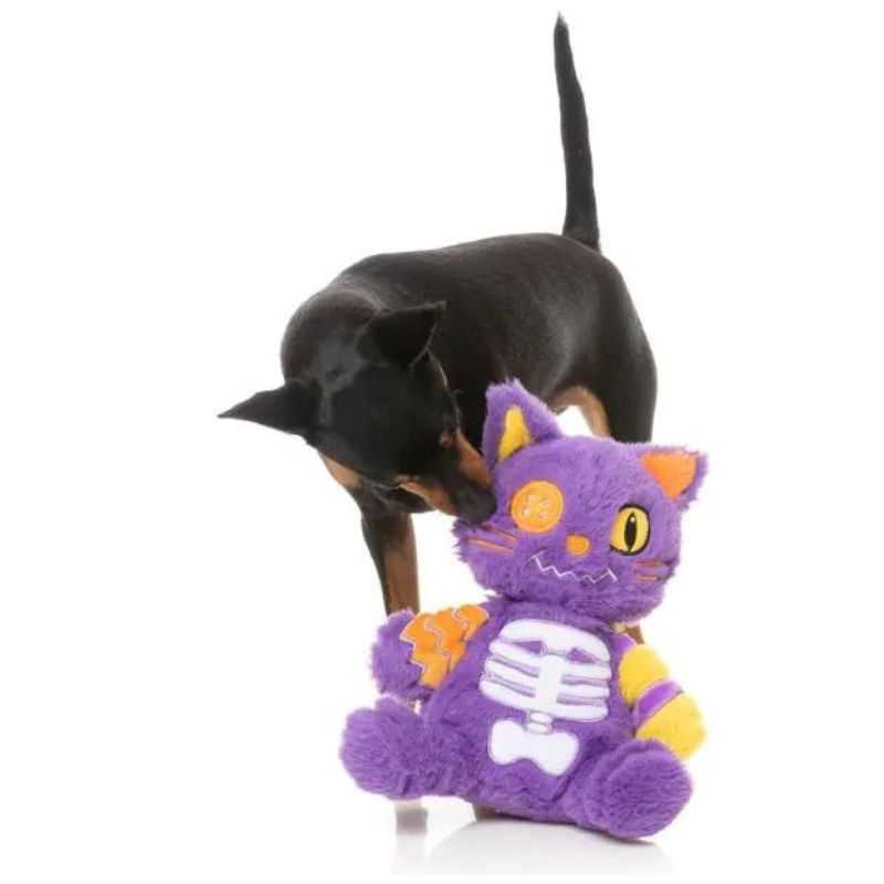 Fuzzyards Hairball The Cat Halloween Dog Toy is an adorable spooky cat designed to unleash playful chaos for your dog. This toy features a rope tail and a built-in squeaker.