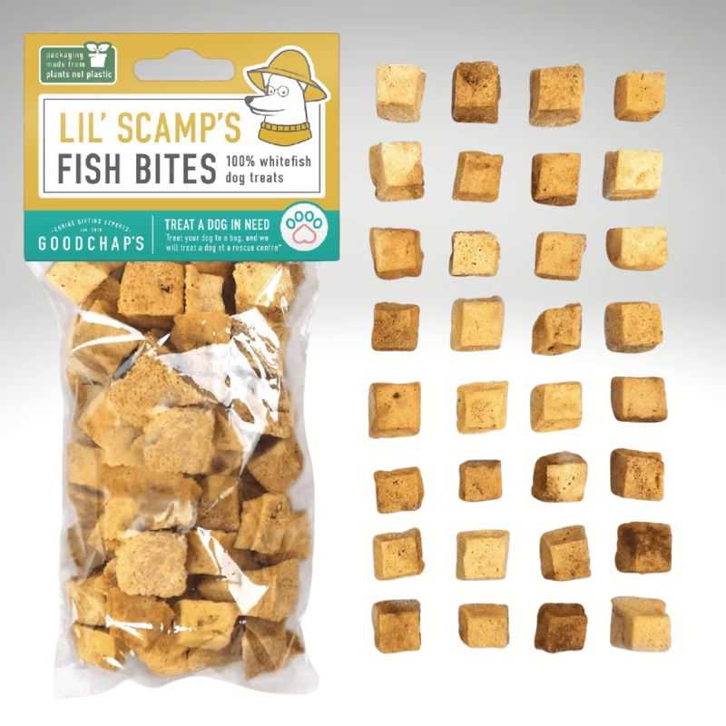 Lil's Scamp's Fish Bites for dogs are natural, low in fat and a great source of protein and omega-3. These treats are made from 100% fish. Perfect for dogs with sensitive stomachs.