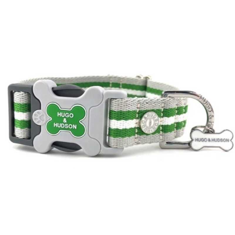 Your dog will look stylish in our Hugo and Hudson Green Stripe Dog Collar.  Rest easy knowing it's fully machine washable and stress tested for added security.