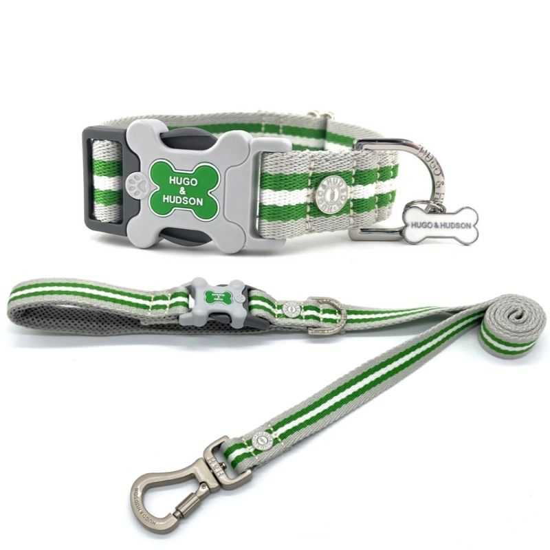 Your dog will look stylish in the classic stripe Green Dog Collar and Lead Set from Hugo and Hudson. Made from high-quality material with a brushed stainless steel finish.