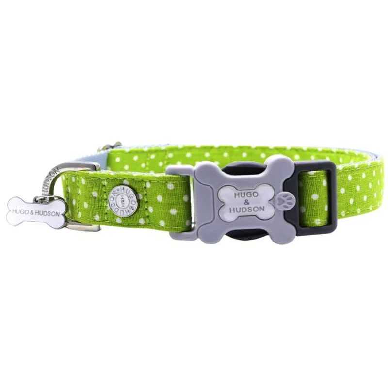 Your dog will shine with this Green Polka Dot Dog collar from Hugo and Hudson. Your stylish pooch will be the envy of the dog park. Made with high-quality premium material.