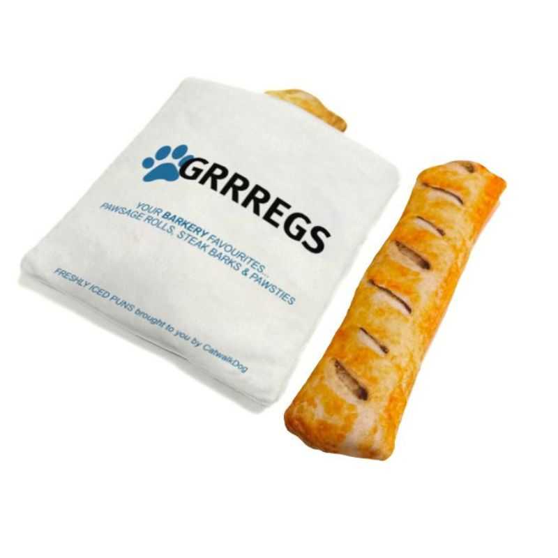 Hungry hounds grab one of our Grrregs plush dog toys from the Grrregs Barkery. Enjoy a 2-1 fun with a squeaky Sausage roll dog toy and crinkle takeaway bag.