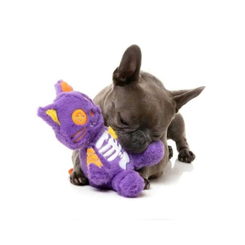 Fuzzyards Hairball The Cat Halloween Dog Toy is an adorable spooky cat designed to unleash playful chaos for your dog. This toy features a rope tail and a built-in squeaker.