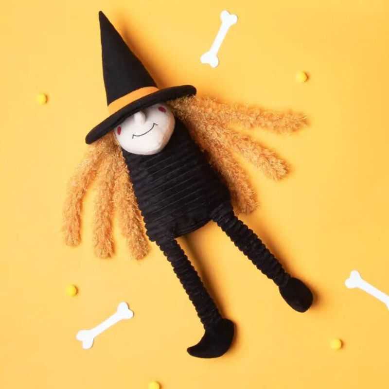 The Halloween Witch Dog Toy will provide hours of spooky fun. This witch has a squeaker in the body and features crinkly arms and legs, adding engaging textures to playtime. 