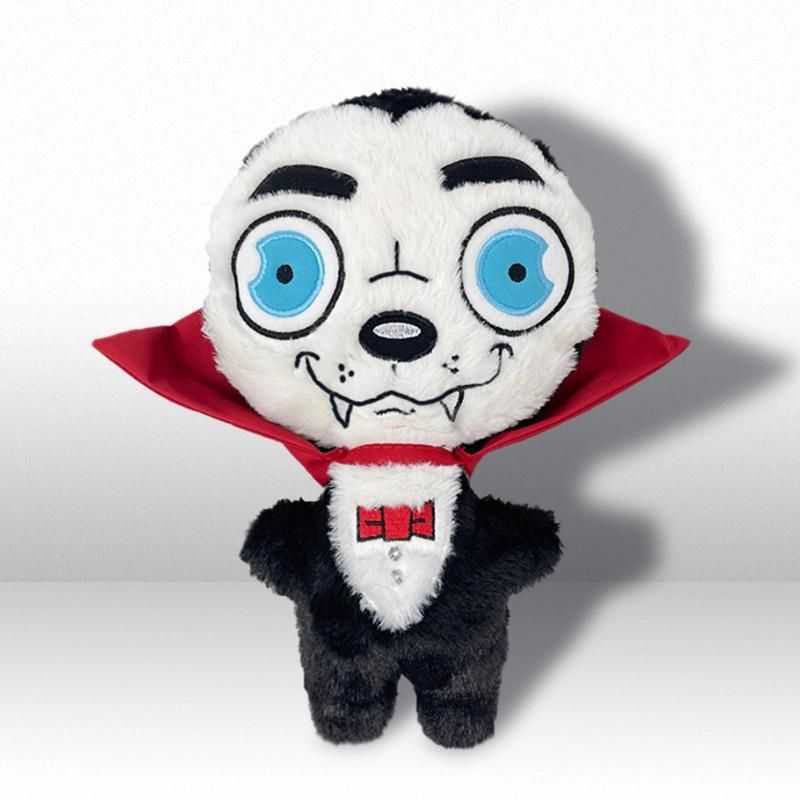 Our Halloween Count Dogcula Dog toy is eager to play a game with your pup. Your dog will love this Halloween fiend, dressed in a black suit, red cape, and black fluffy hair.