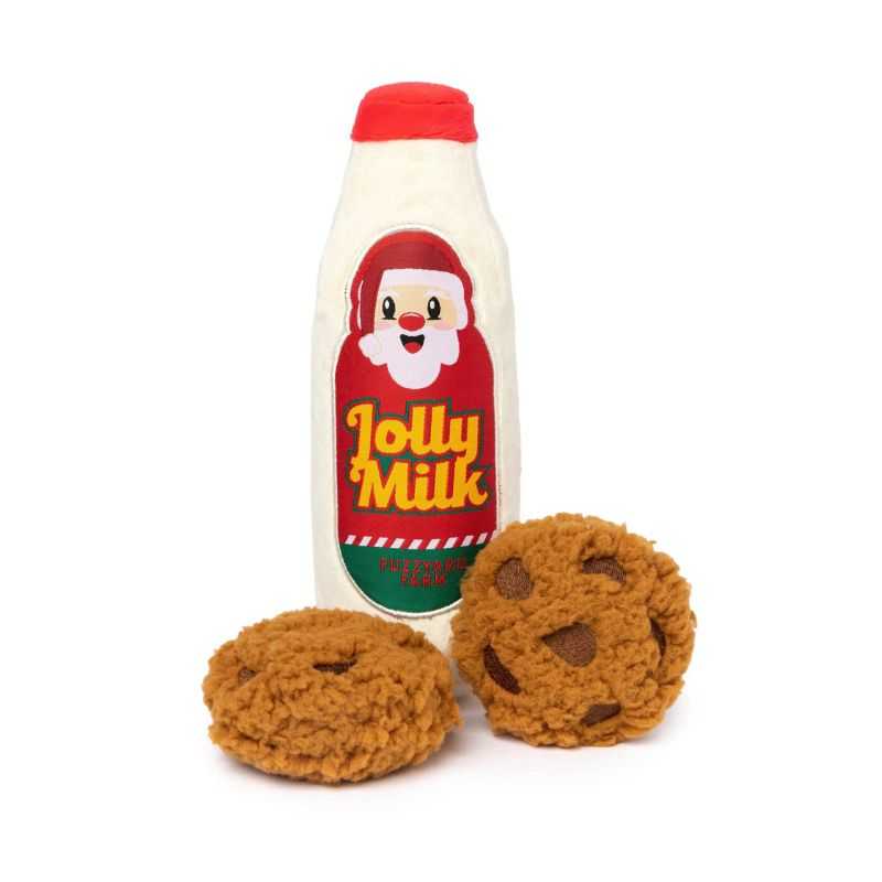 Our secret elves and dog whisperers have worked hard all year to create the Jolly Milk and Cookies Dog Toy, especially for your pup this festive season. Hidden squeakers included.