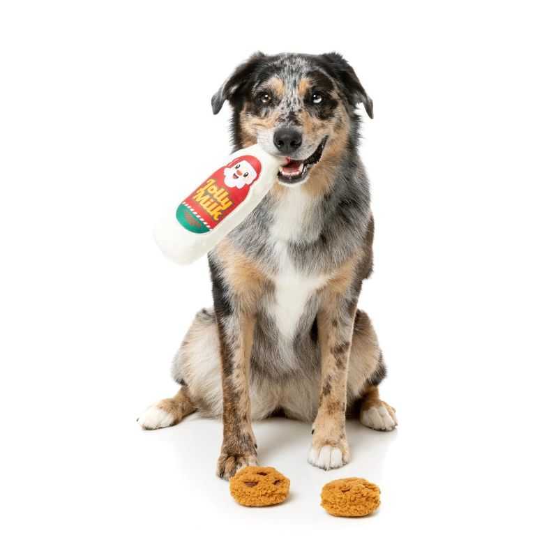 Our secret elves and dog whisperers have worked hard all year to create the Jolly Milk and Cookies Dog Toy, especially for your pup this festive season. Hidden squeakers included.