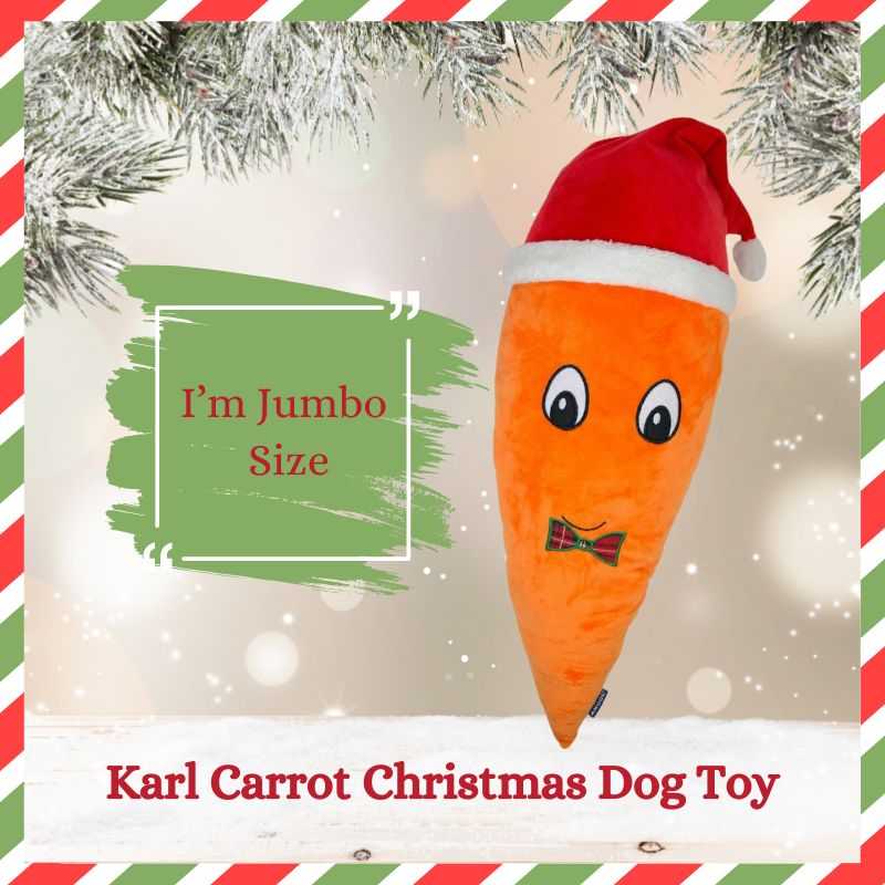 Festive fun awaits with Ancols jumbo size Karl Carrot Christmas Dog Toy. Soft plush toy that Includes a built-in squeak to engage and stimulate. Ideal Christmas gift for your pet 