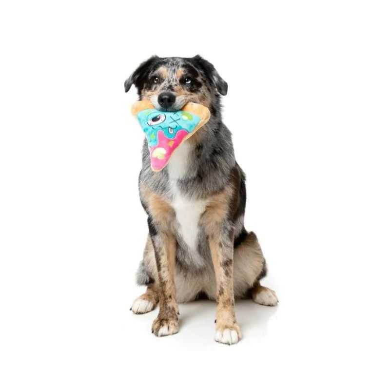 The Fuzzyard Zombizza Marg Eat Her Dog Toy is a Halloween-themed plush dog toy fitted with an attention-grabbing squeaker for playtime enjoyment for your furry friend.