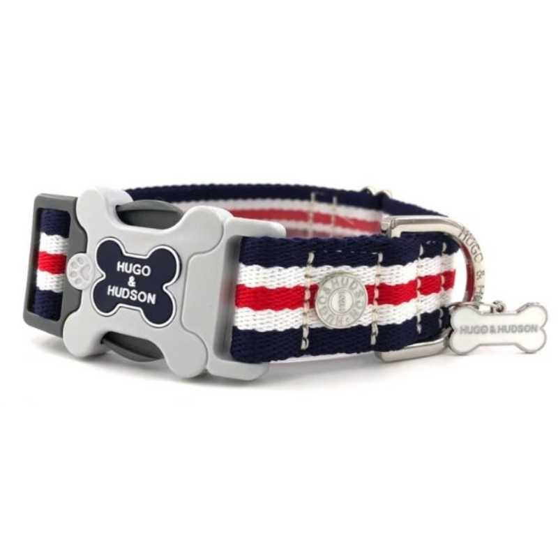 Your dog will look stylish in our Hugo and Hudson Navy Stripe Dog Collar.  Rest easy knowing it's fully machine washable and stress tested for added security.