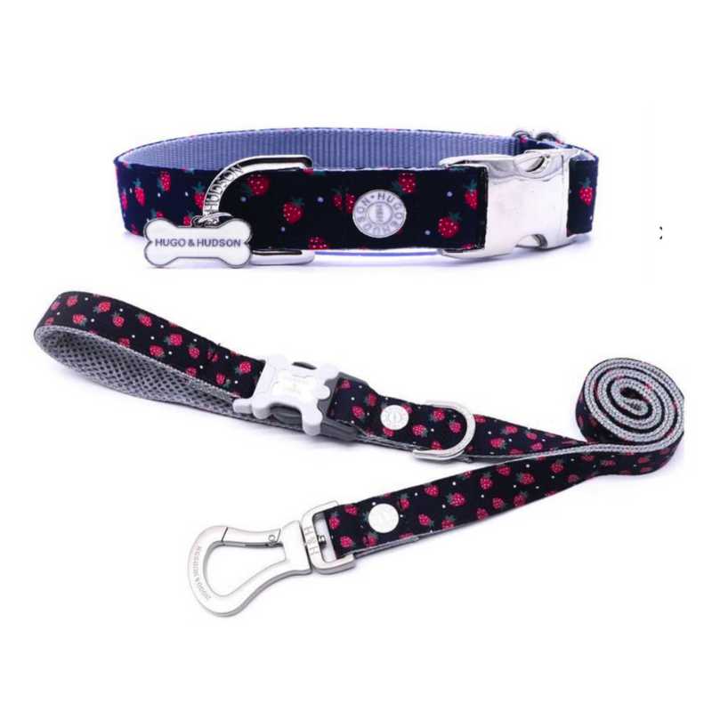 Our Navy & Strawberry Dog Collar and Lead Sets are made from high-quality material with a stainless steel finish.