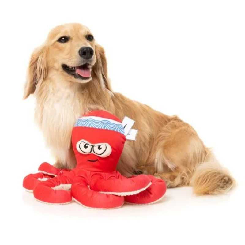 Meet the Takoyaki Dog Toy affectionately known as the Octo-Posse Chef. With its many vibrant, wiggly arms this toy will undoubtedly stir up excitement in your four-legged friend. 