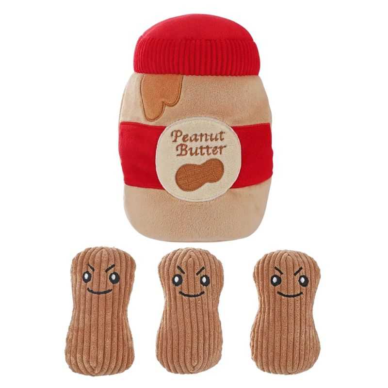 The Peanut Butter Jar Burrow Dog Toy includes three squeaky peanuts for endless play  Let them figure out how to remove the three squeaky peanuts from the jar. Your pooch will have hours of entertainment with this hide-and-seek interactive dog toy. 