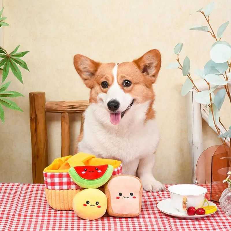 Let your dog enjoy the picnic season with our Picnic Basket Burrow Dog Toy. This multi-part dog toy includes a sturdy basket, cheese, toast and a watermelon slice. Keep your pooch busy and let them have a fun time and hours of interactive play.