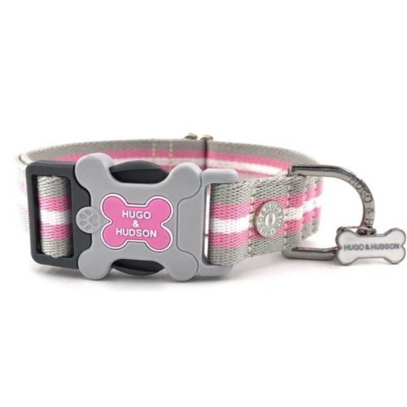 Your dog will look stylish in our Hugo and Hudson Pink Stripe Dog Collar.  Rest easy knowing it's fully machine washable and stress tested for added security.