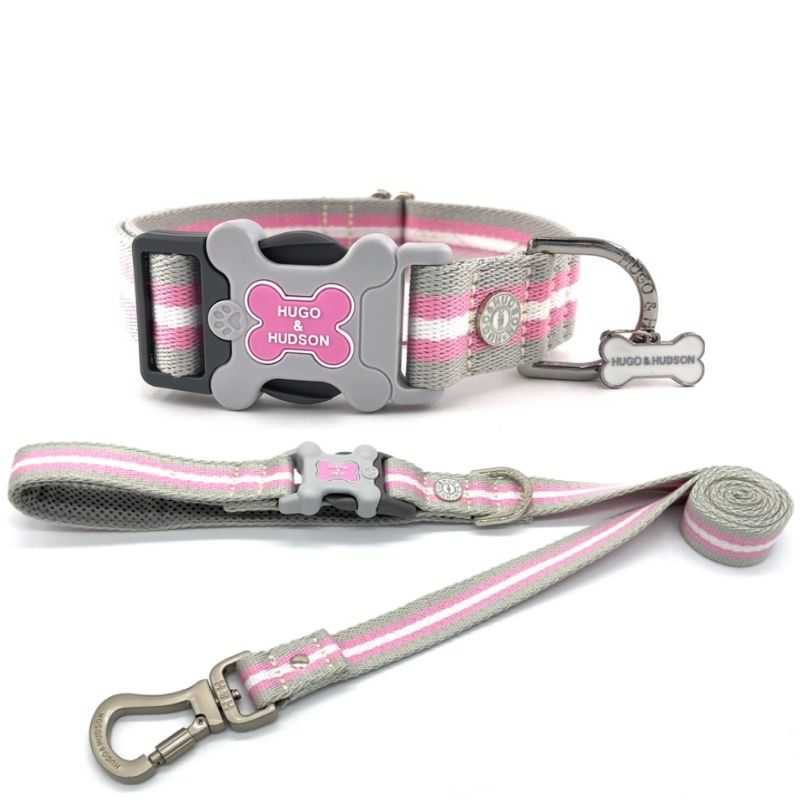 Your dog will look stylish in this classic stripe Pink Dog Collar and lead set from Hugo and Hudson. Made from high-quality material with a brushed stainless steel finish.