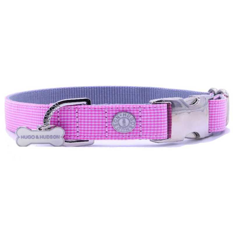 This stylish Pink Gingham Dog Collar from Hugo and Hudson will make your furry friend the envy of the dog park. Made from high-quality material with a side-release metal buckle.