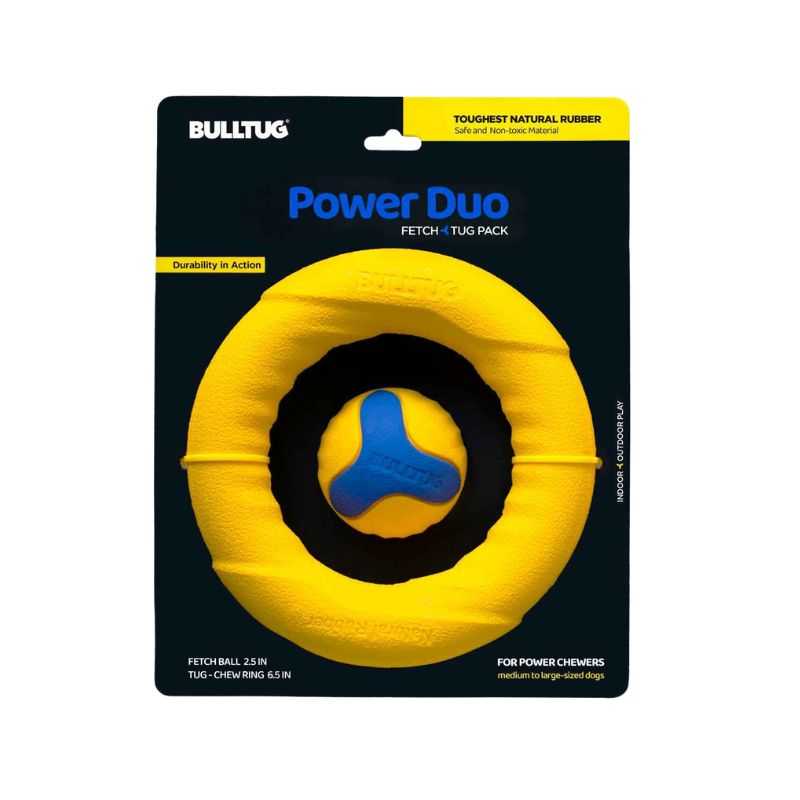The Power Duo Dog Toy Set is an innovative 2-in-1 dog toy set designed for dogs that love an energetic game of fetch. but also tend to be power chewers.