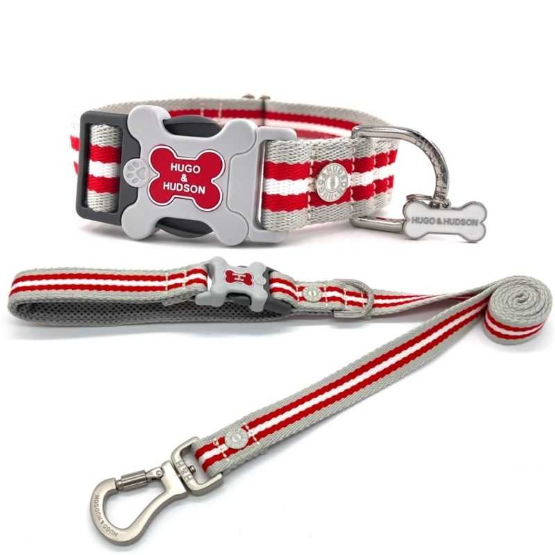 Your dog will look stylish in this classic stripe Red Dog Collar and lead set from Hugo and Hudson. Made from high-quality material with a brushed stainless steel finish