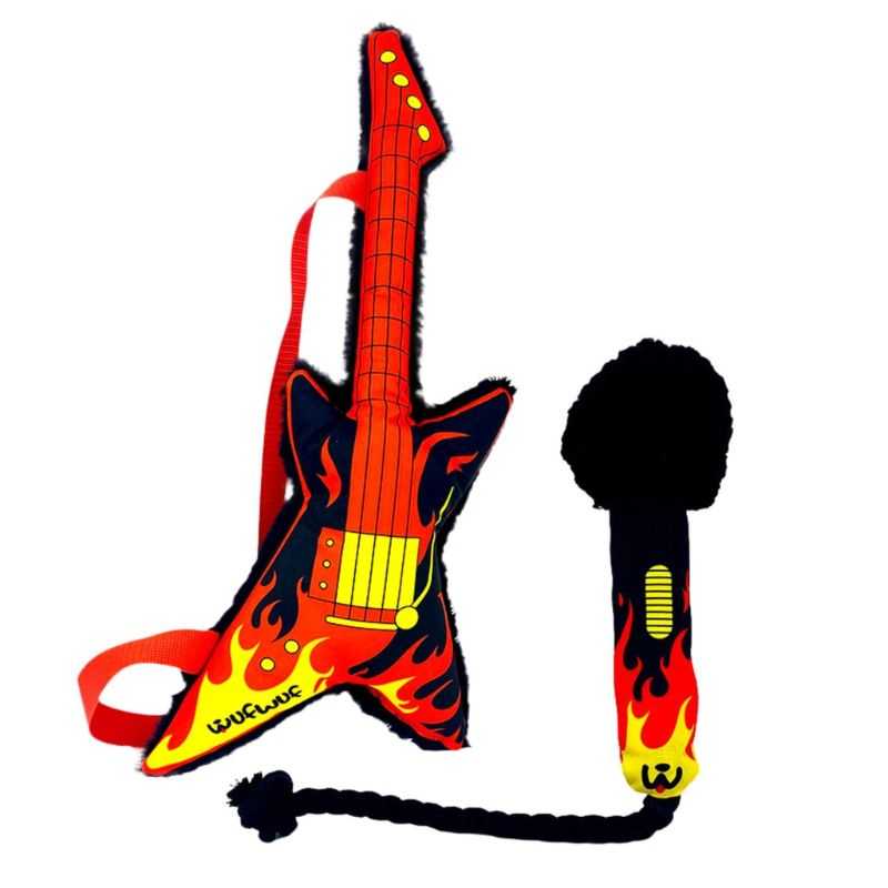 Turn your dog into a rock star and give them the Microphone and Guitar Dog Toy set.  Unleash your pup's inner star. Great for interactive play between dog and paw parent.