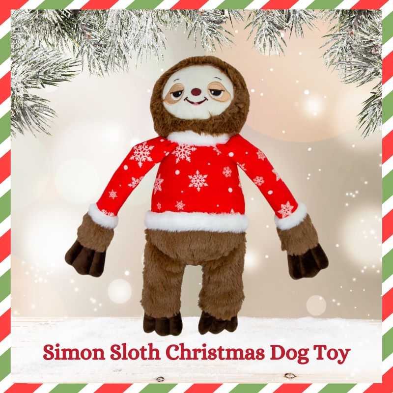 Simon the Sloth Dog toy is ideal for cuddling and comforting your dog this Christmas. Dressed in a Christmas jumper, this toy makes a delightful holiday gift for your pet. 