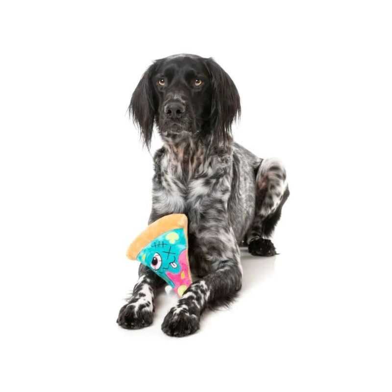 The Fuzzyard Zombizza Marg Eat Her Dog Toy is a Halloween-themed plush dog toy fitted with an attention-grabbing squeaker for playtime enjoyment for your furry friend.