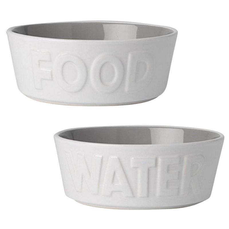 These Back to Basics Dog Bowls have solid white embossed lettering on the exterior, with the word FOOD and WATER. It also features, a grey interior with a paw print design.  This stylish design would suit a traditional or contemporary kitchen with home interiors in mind.