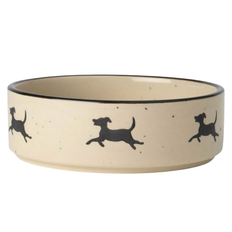 Chasing Dogs Dog Bowl. The Chasing Dogs Dog Bowl features a frolicking dog design.  Available in two sizes;  Medium: Measures 6.25" - Suitable for small dog breeds.  Large: Measures 7" Suitable for medium dog breeds.   Hand-crafted stoneware  Dishwasher and Microwave safe