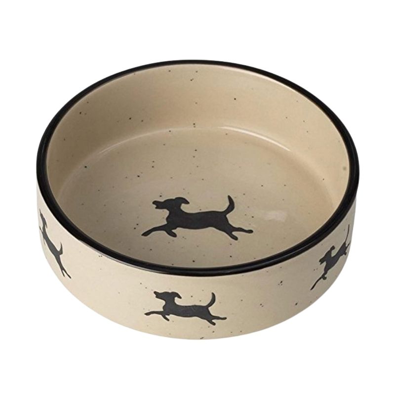 Chasing Dogs Dog Bowl. The Chasing Dogs Dog Bowl features a frolicking dog design. Available in two sizes; Medium: Measures 6.25" - Suitable for small dog breeds. Large: Measures 7" Suitable for medium dog breeds. Hand-crafted stoneware Dishwasher and Microwave safe
