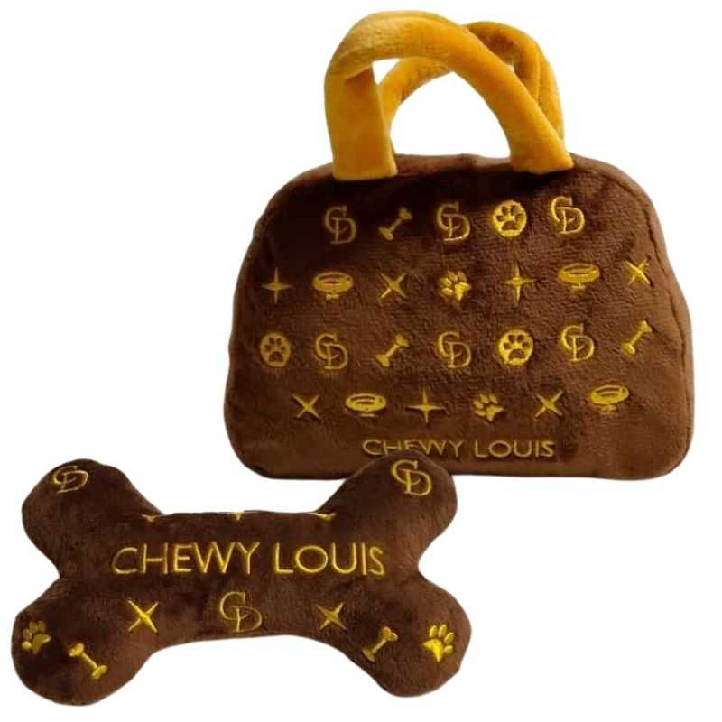 Chewy Louis Dog Toy Gift Set. We have the ultimate gift for your pooch, the Chewy Louis Dog Toy Gift Set.  Made from a soft brown fabric. Cute embroidered bone and paw detail.  Both toys measure approx 15cm Wide. Fun built-in squeakers included. Suitable for small Divas