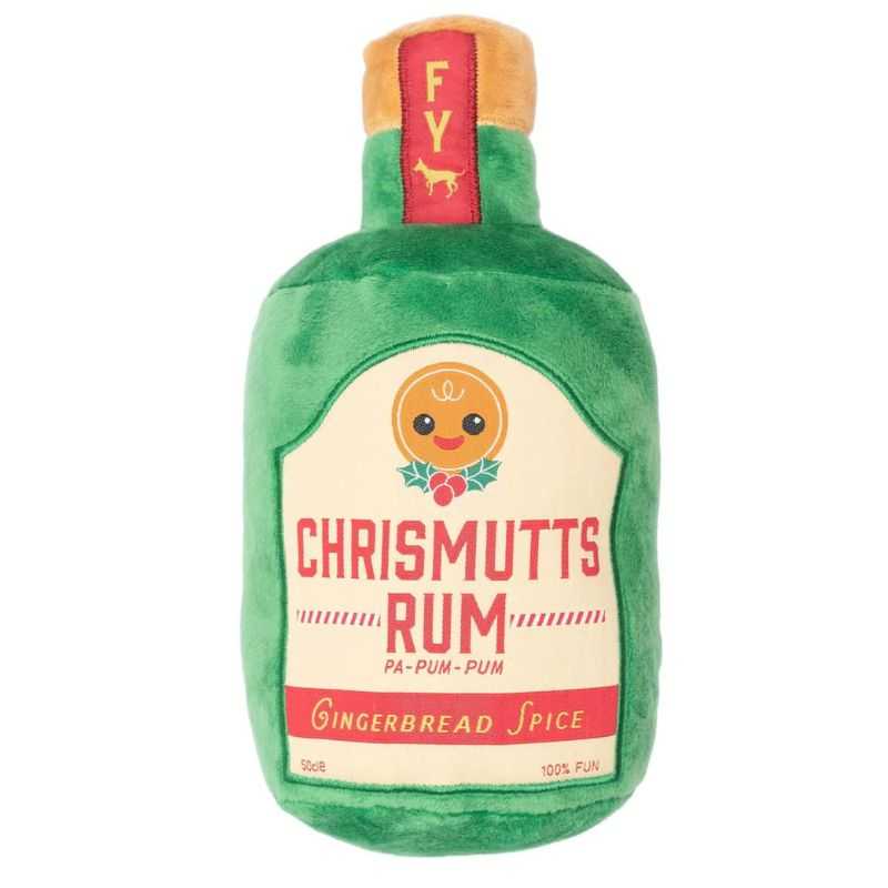 Christmutts Rum-Pa-Pum Dog Toy Warm your dog's Christmas spirit with some Chrismutts Rum-Pa-Pum Dog Toy.  Made at our woofmas distillery, and designed by our team of creative Elves. This festive liquor comes with sweet gingerbread spice and all things nice. It's 0% alcohol and 100% fun!  This fun Christmas-themed dog toy includes a built-in squeaker for added playtime. 
